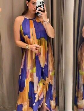 Elegant Printed Halter Long Dress For Woman Loose Irregular Hem Sleeveless